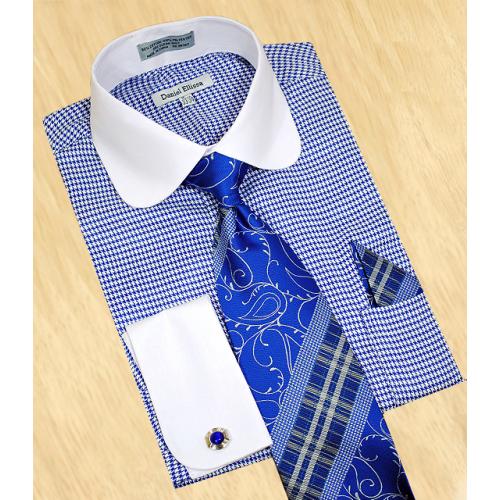 Daniel Ellissa White / Royal Blue Houndstooth With White Curve Spread Collar Shirt / Tie / Hanky Set With Free Cufflinks DS3754P2
